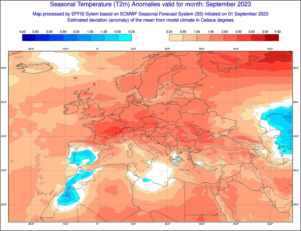 L'anomalie de températures la plus forte pour ce mois de septembre est attendue en France selon le modèle ECMWF (via EFFIS). L'anomalie de températures la plus forte pour ce mois de septembre est attendue en France selon le modèle ECMWF (via EFFIS).