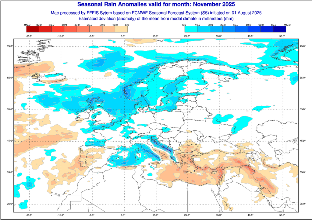 En novembre, les précipitations pourraient être fréquentes et excédentaires dans la plupart des régions (modèle ECMWF via EFFIS). En novembre, les précipitations pourraient être fréquentes et excédentaires dans la plupart des régions (modèle ECMWF via EFFIS).
