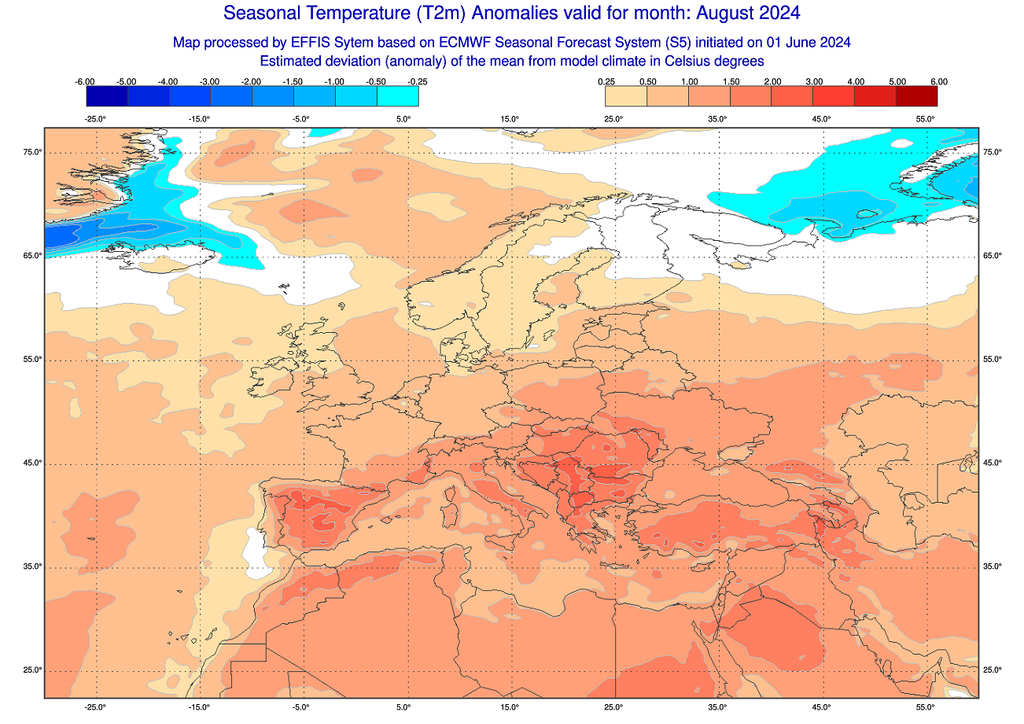 Août 2024 s'annonce toujours comme le mois d'août le plus chaud du trimestre estival (modèle ECMWF).