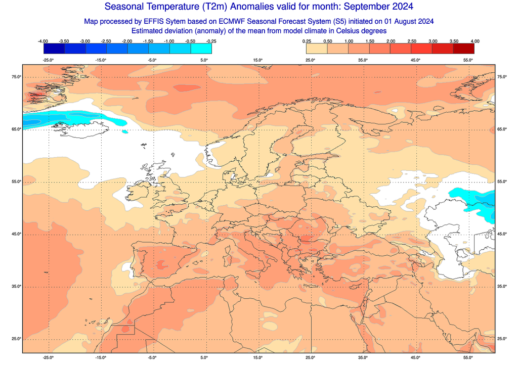 L'Occitanie, la région PACA ou encore la Corse subiront encore des températures élevées pour la saison durant ce mois de septembre (carte ECMWF / EFFIS).