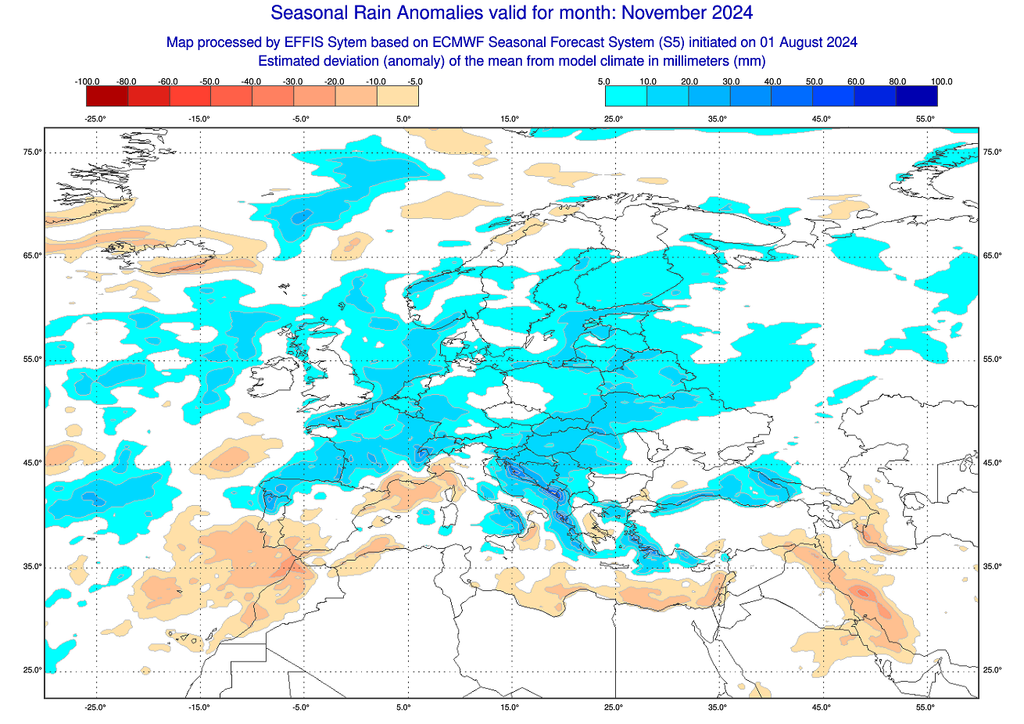 Le dernier mois de l'automne pourrait être particulièrement pluvieux sur quasiment tout le pays (carte ECMWF / EFFIS).