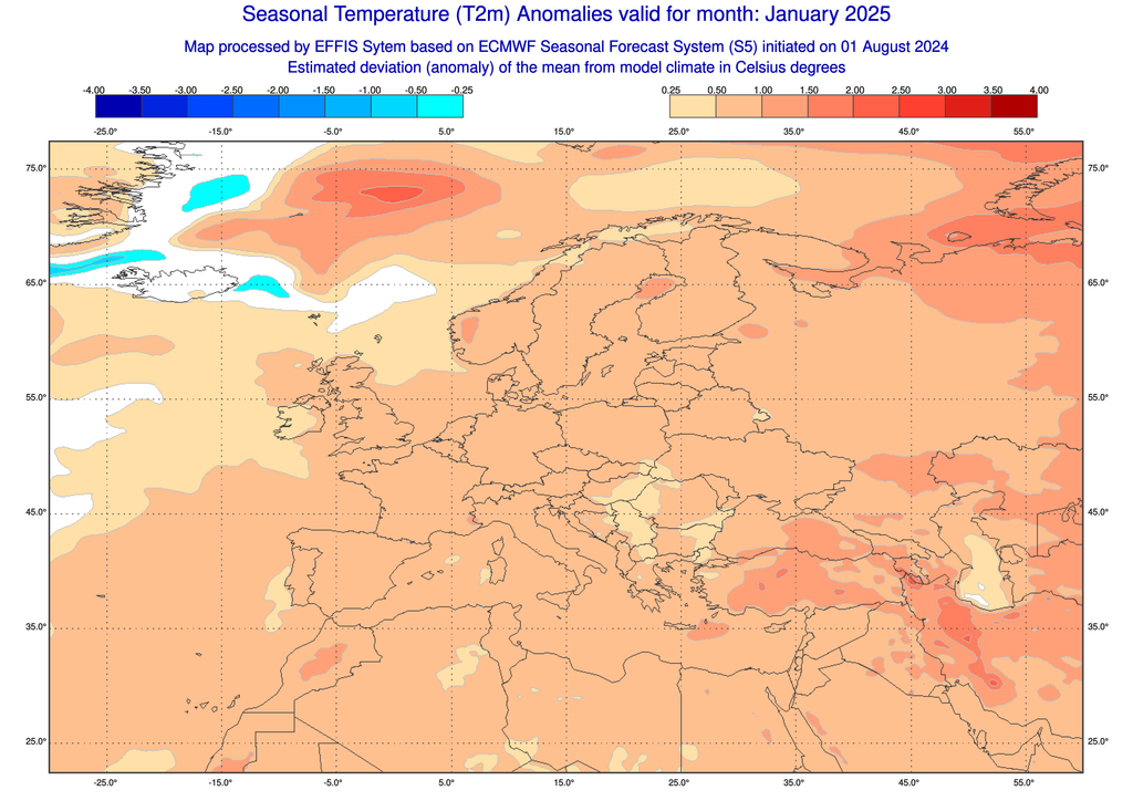 Un début d'année "normal" est attendu, avec un mercure dans les normales voire légèrement excédentaire (carte : ECMWF / EFFIS).