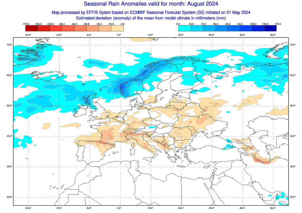 Contrairement à juillet et surtout à juin, le mois d'août s'annonce sec avec des précipitations déficitaires dans toutes les régions (modèle ECMWF). Contrairement à juillet et surtout à juin, le mois d'août s'annonce sec avec des précipitations déficitaires dans toutes les régions (modèle ECMWF).