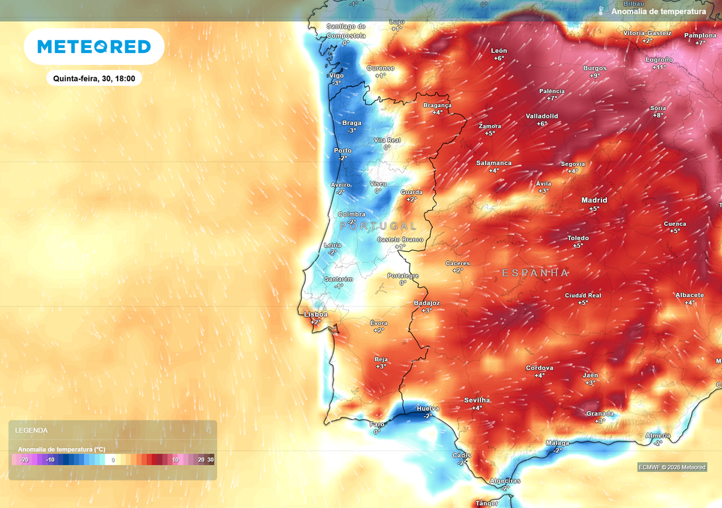 O contraste entre litoral e interior mantém-se evidente. Temperaturas ligeiramente abaixo da média junto à costa e valores um pouco acima da normal climatológica nas regiões do interior.