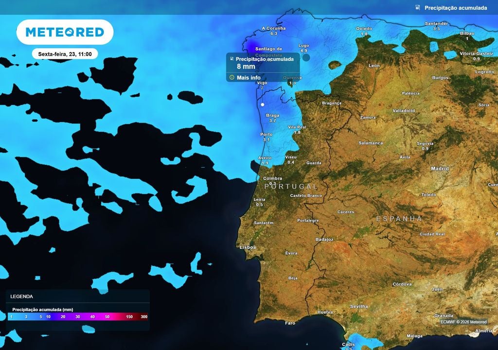 A frente que atravessará o Norte entre quinta e sexta-feira deverá deixar acumulados pouco expressivos, embora no extremo noroeste possam aproximar-se localmente dos 8 mm.