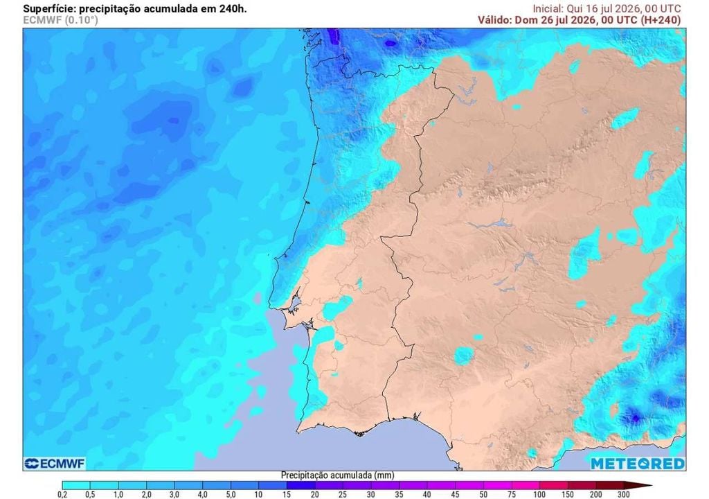 Precipitação acumulada até dia 26 de julho O mapa representa a precipitação total prevista até 26 de julho. Os maiores acumulados deverão ocorrer no Norte e em alguns setores do litoral Centro, Lisboa e litoral alentejano, enquanto o interior Sul continuará bastante seco.