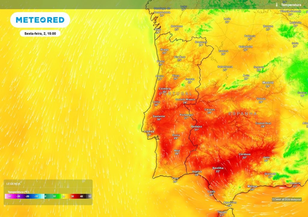 Temperatura As temperaturas máximas sobem de forma significativa na sexta-feira, com valores próximos ou iguais a 30 ºC em vários locais das regiões Centro e Sul.