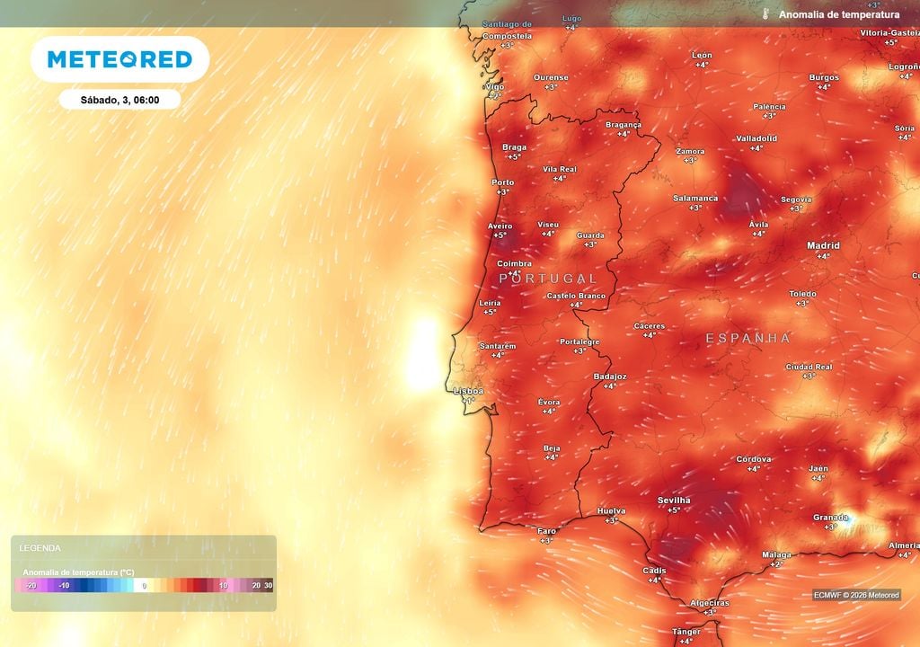 Apesar da descida posterior das máximas, as madrugadas continuarão anormalmente amenas. Por exemplo, no sábado, às 06h, grande parte do território poderá registar temperaturas 3 a 5 ºC acima da média para a época.