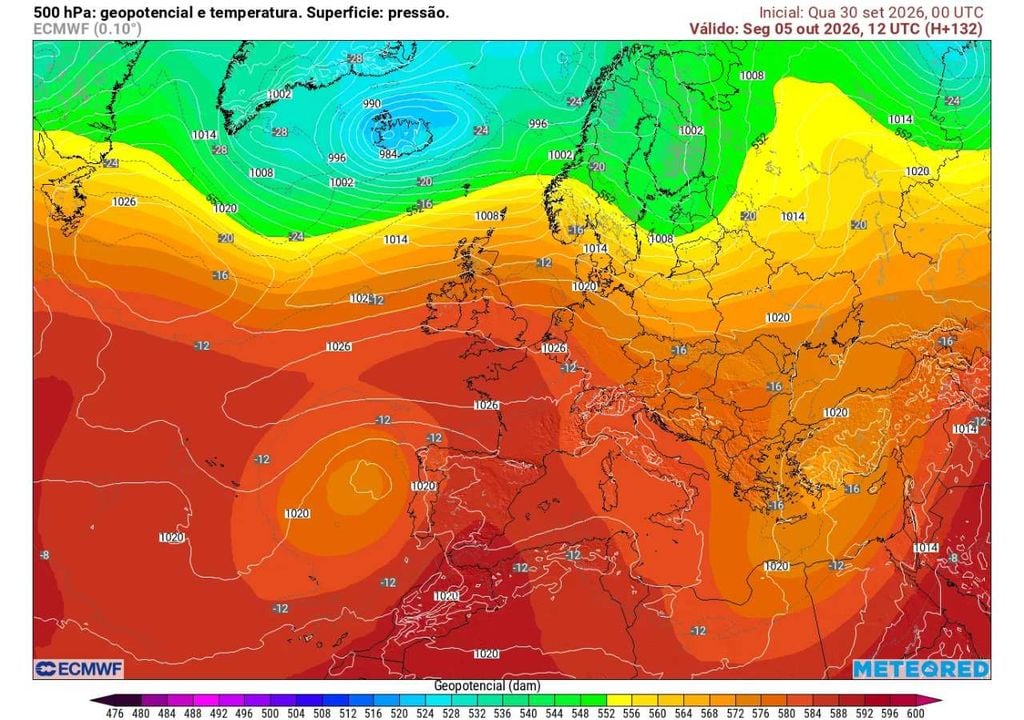 Geopotencial e temperatura 500 hPa Uma massa de ar mais quente de origem subtropical começa a alcançar a Península Ibérica, enquanto uma região depressionária permanece a oeste de Portugal, criando um forte contraste na configuração atmosférica.