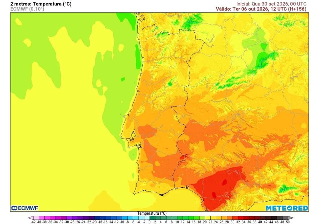 Temperatura a 2m O avanço do ar mais quente deverá traduzir-se numa nova subida das temperaturas, com os valores mais elevados previstos no interior Centro e Sul e possibilidade de máximas próximas dos 30 ºC.