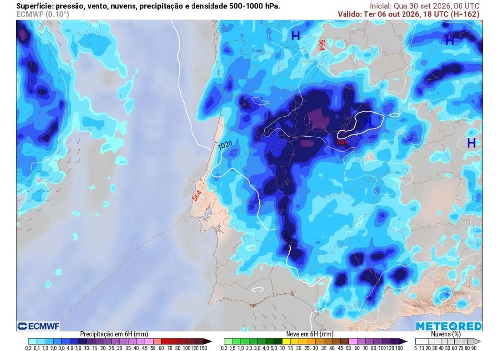 O aumento das temperaturas não será necessariamente sinónimo de estabilidade. A interação entre o ar subtropical mais quente e o ar frio associado à região depressionária poderá favorecer aguaceiros e eventualmente trovoadas entre os dias 5 e 7 de outubro.