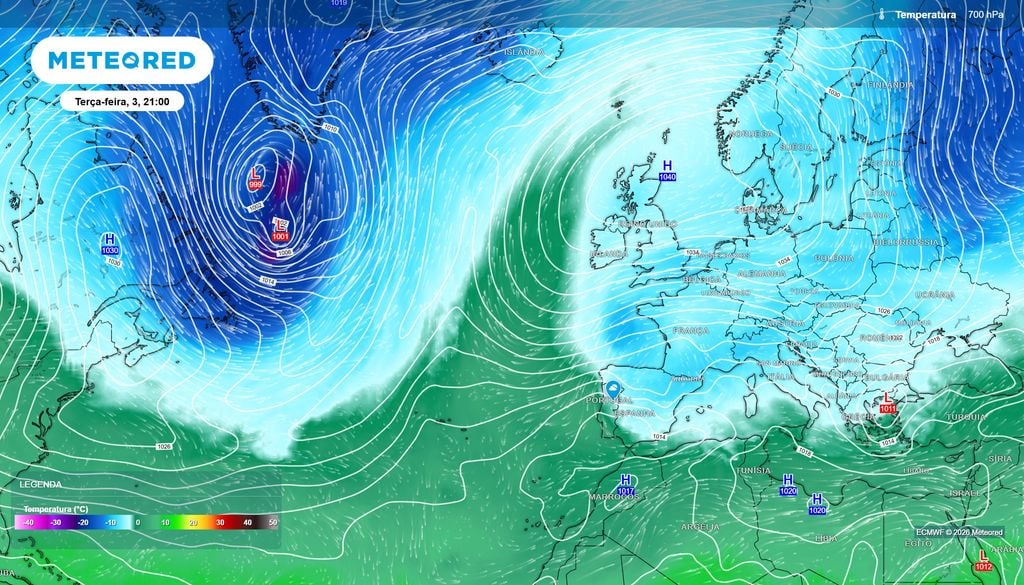 Temperatura a 700 hPa Uma ondulação da corrente de jato e o bloqueio anticiclónico sobre as Ilhas Britânicas favorecem a progressão de ar mais frio de latitudes setentrionais em direção à Península Ibérica.