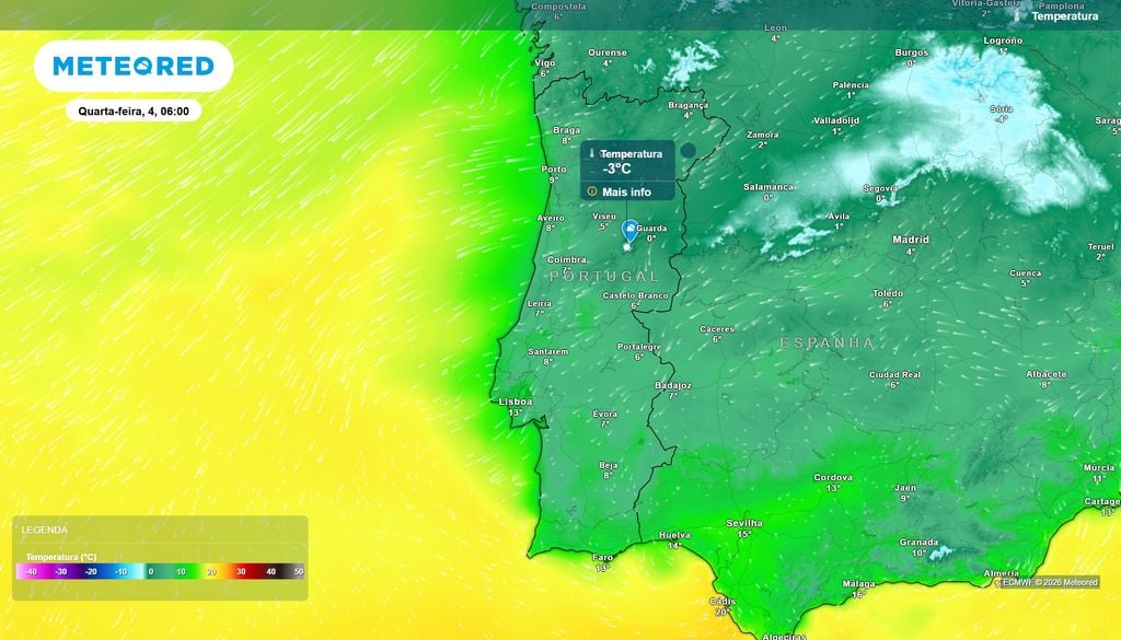 Temperatura O frio torna-se mais evidente na madrugada de quarta-feira: as temperaturas poderão aproximar-se dos 0 ºC no interior Norte e Centro e atingir valores negativos nas zonas mais elevadas, com possibilidade de geada.