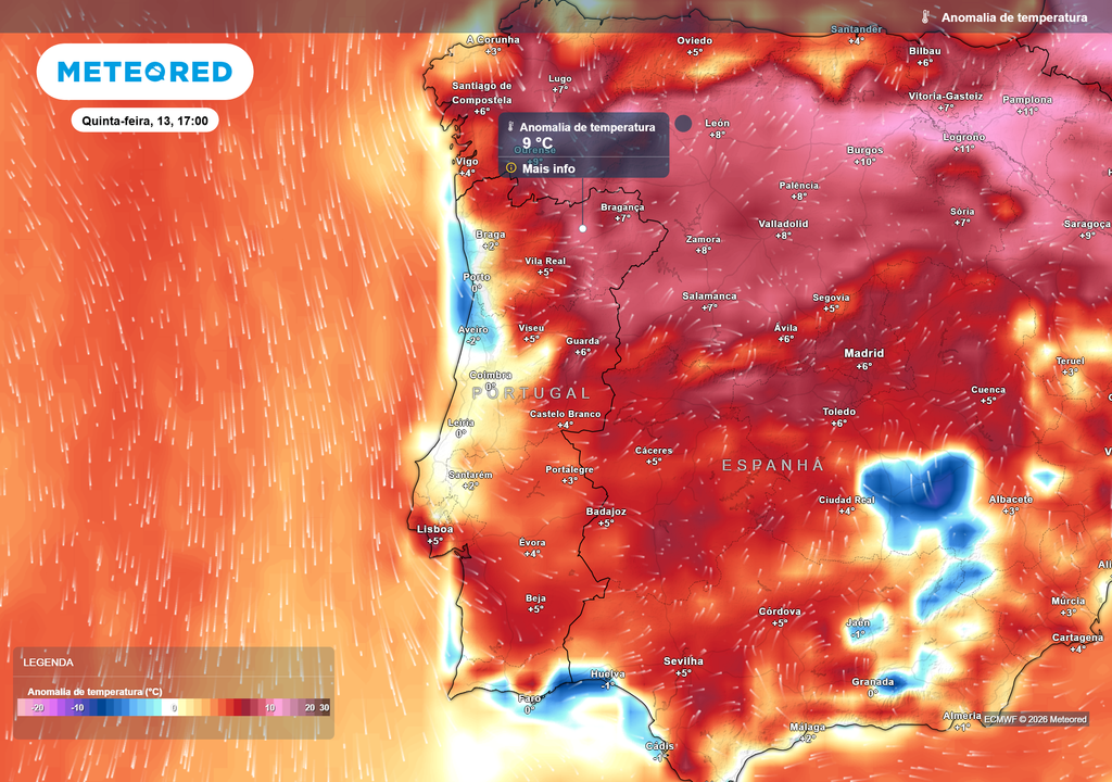 Anomalia da Temperatura O calor destaca-se esta quinta-feira, com anomalias positivas muito expressivas no interior Norte. Em algumas zonas de Bragança e Vila Real, as temperaturas poderão ficar vários graus acima do normal para esta altura do ano.