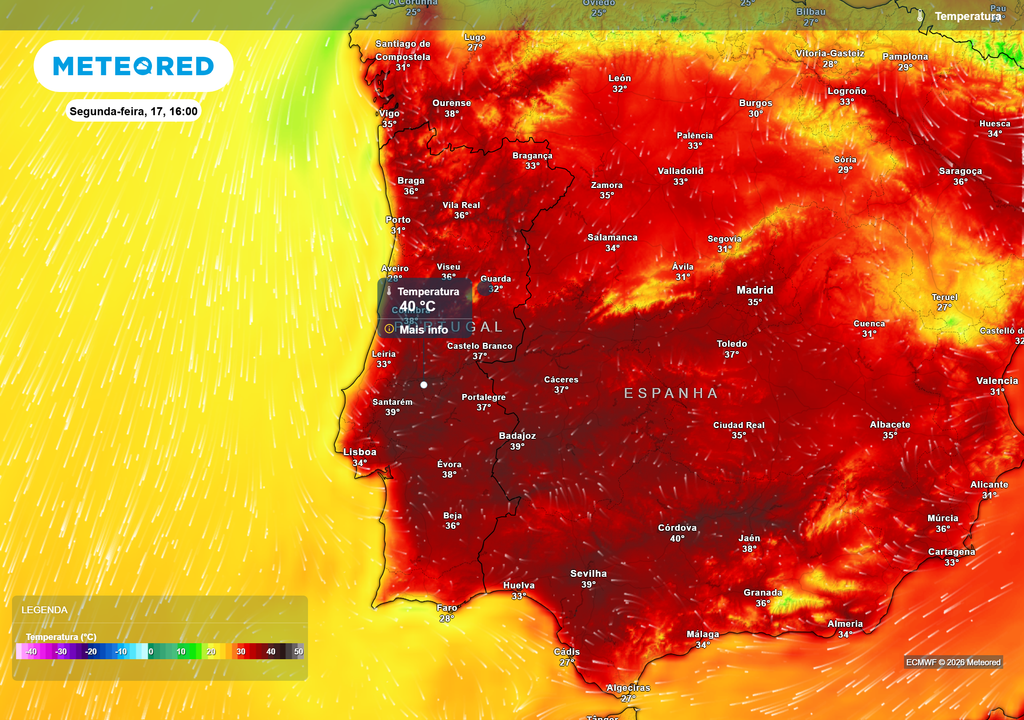 Temperatura O calor deverá intensificar-se novamente na segunda-feira. O Vale do Tejo surge entre as regiões mais quentes, com alguns locais a poderem aproximar-se dos 39 a 40 ºC durante a tarde.