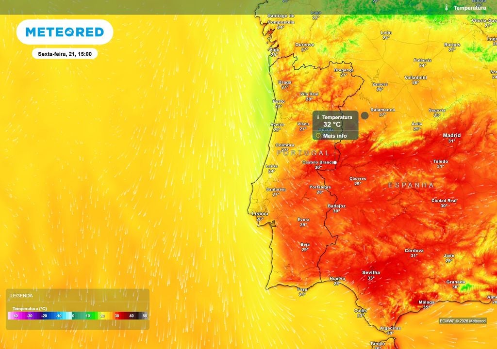Sexta-feira e sábado poderão ser os últimos dias de tempo maioritariamente seco antes da chegada das depressões atlânticas. As máximas deverão ficar abaixo dos 33 ºC, com o litoral significativamente mais fresco.