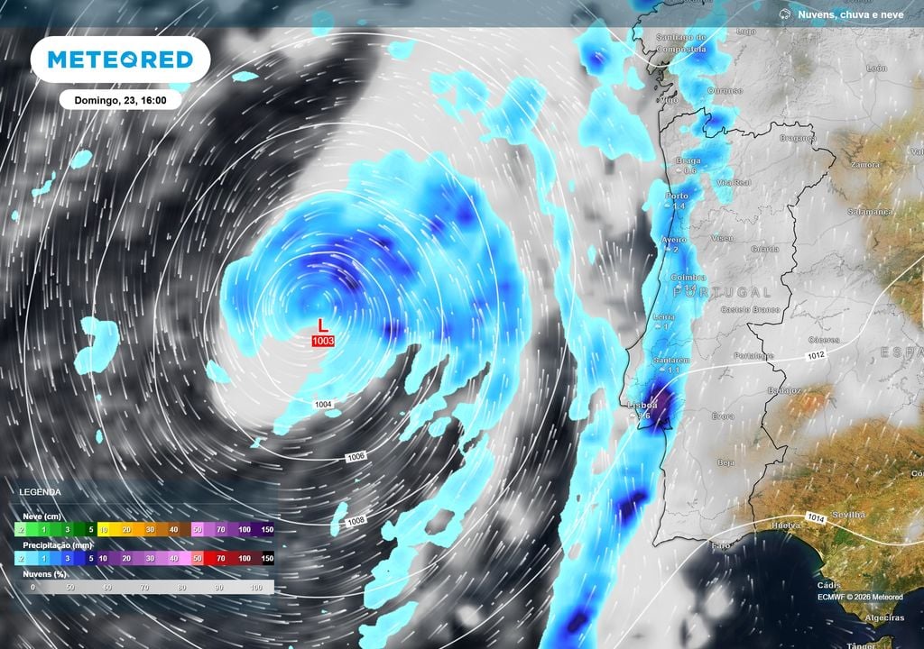 Uma depressão atlântica bem organizada aproxima-se de Portugal no domingo (23), transportando uma extensa frente de precipitação. A chuva poderá começar a tornar-se mais generalizada a partir do meio dia.