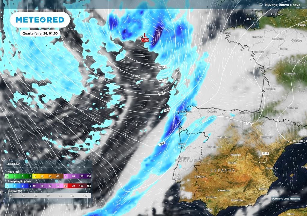 Pressão e chuva Uma segunda depressão, posicionada a norte/noroeste da Península Ibérica, deverá encaminhar uma nova frente para Portugal. A chuva poderá voltar a apresentar-se organizada e persistente, sobretudo no Norte e Centro.