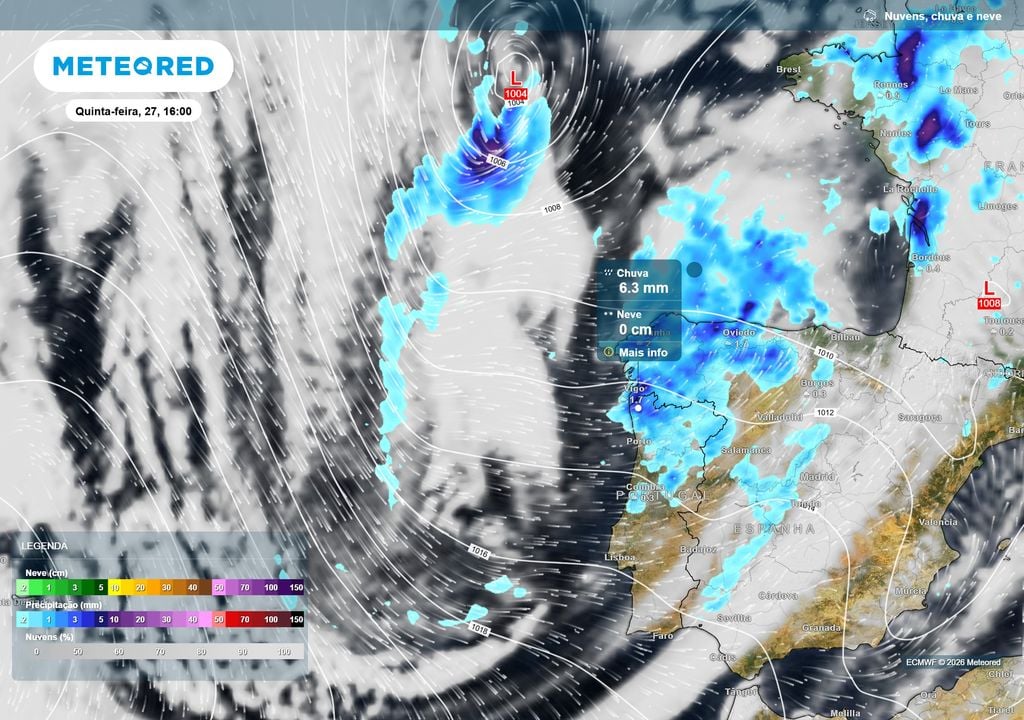 Chuva pressão e núvens A instabilidade ainda se faz sentir esta quinta-feira no Norte e Centro, com períodos de chuva durante a tarde. A precipitação deverá perder expressão progressivamente ao longo do dia.