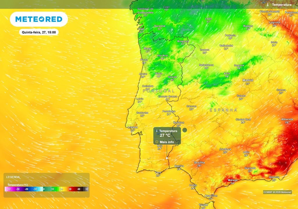 Temperatura A passagem da frente fria deixa temperaturas bastante contidas para a época, sobretudo no Norte e Centro. No Sul os valores são mais elevados, mas mesmo no Alentejo as máximas ficam aquém dos 30 ºC.