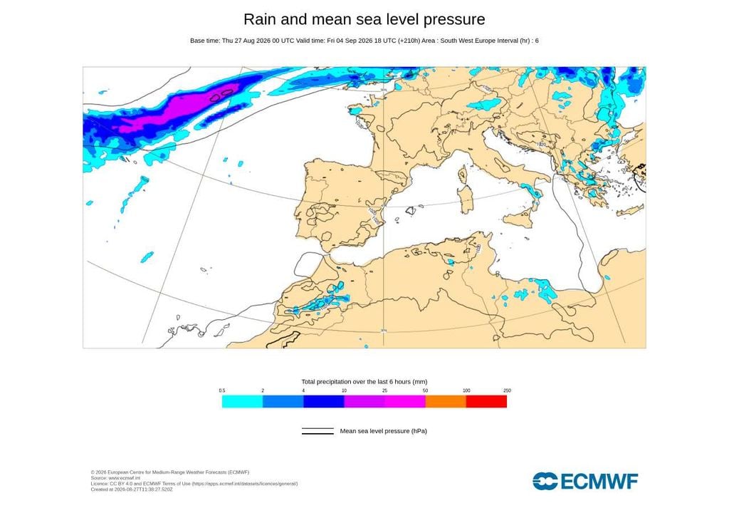 Chuva O Anticiclone dos Açores deverá favorecer a estabilidade em Portugal, enquanto as depressões e frentes atlânticas circulam por latitudes mais elevadas. Até dia 5, não se perspetivam episódios significativos de chuva no continente.