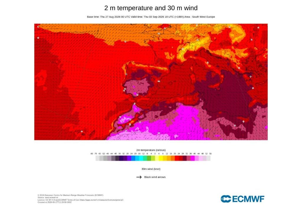 Temperatura 2 m Nos primeiros dias de setembro, uma massa de ar mais quente deverá ganhar terreno sobre a Península Ibérica, favorecendo uma subida progressiva e mais generalizada das temperaturas em Portugal.