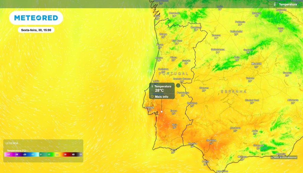 Temperatura Sexta-feira poderá trazer máximas bastante elevadas para finais de outubro, com 27 a 28 ºC em zonas de Lisboa, vale do Tejo e sudoeste alentejano.