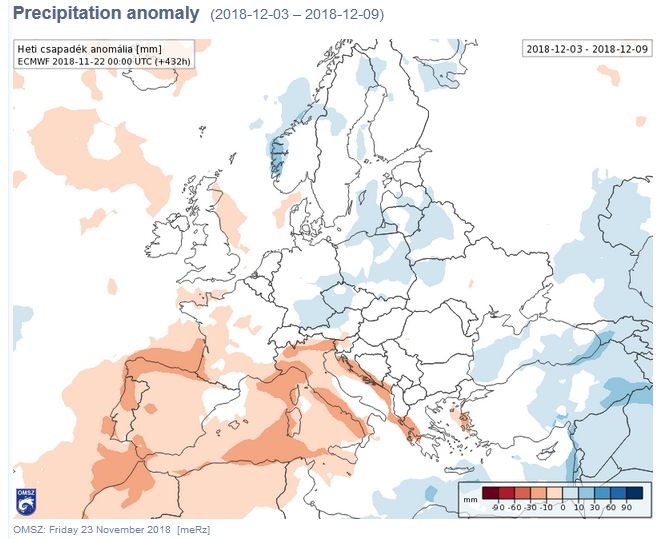 Foto 1: Mapas de anomalías de precipitación respecto a los valores normales para el periodo 3-9 diciembre de 2018 basados en datos del ECMWF.