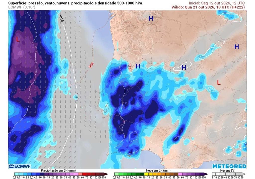 Entre os dias 20 e 22 aumenta a probabilidade de chuva em Portugal. A localização e intensidade da precipitação permanecem, contudo, incertas devido à distância temporal da previsão, mas para já a localização e intensidade da chuva estão representadas neste mapa determinístico (para dia 21, às 18h).