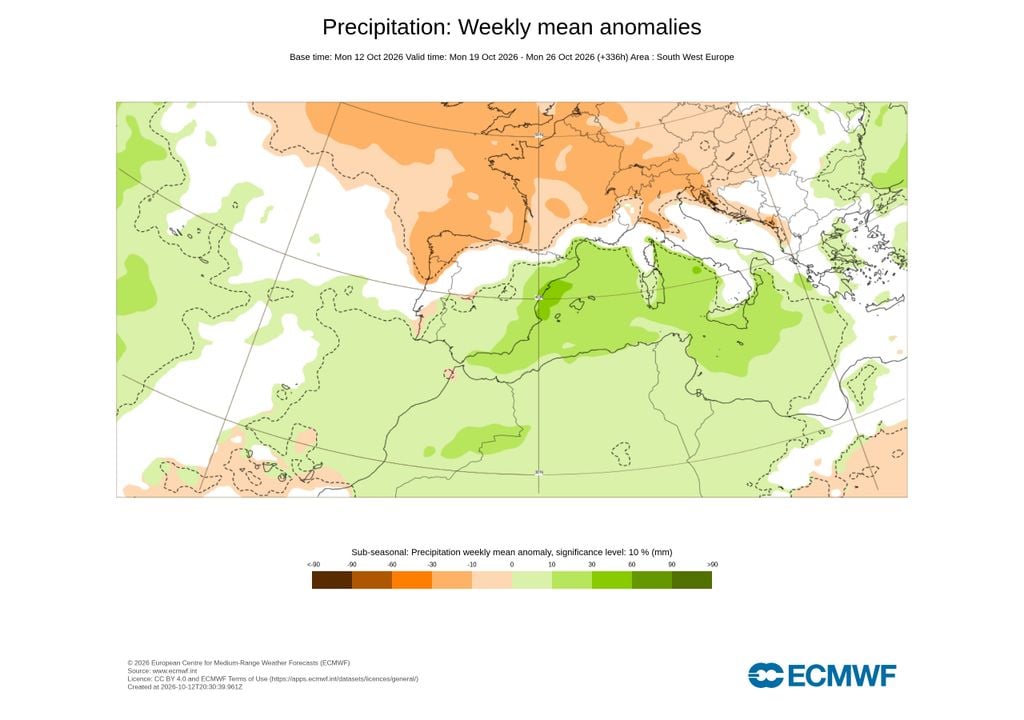 A precipitação poderá ser irregular, devendo o noroeste do país e uma parte do Alentejo ser mais seco que o habitual, enquanto a restante região Sul poderá registar mais chuva que o normal. A branco encontram-se as zonas sem qualquer indício de anomalia, sendo esperados valores normais para a época.