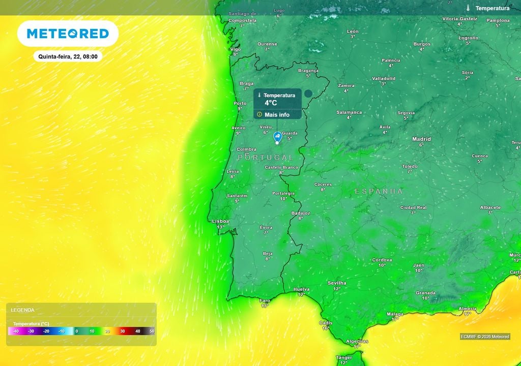 O frio matinal deverá ganhar expressão na quinta-feira, com valores próximos ou inferiores a 5 ºC em algumas zonas do interior Norte e Centro e temperaturas mais baixastambém a Sul.