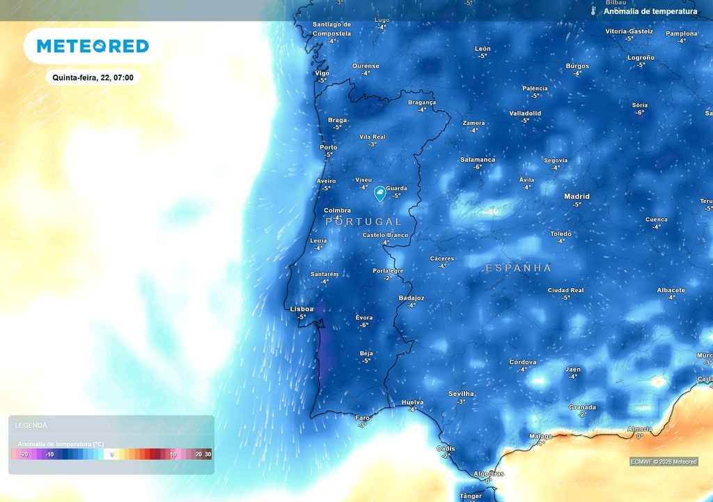 Anomalia da temperatura pelas 7h da manhã As temperaturas da manhã de quinta-feira poderão ficar vários graus abaixo da média em praticamente todo o território, traduzindo-se numa anomalia térmica negativa bastante generalizada.