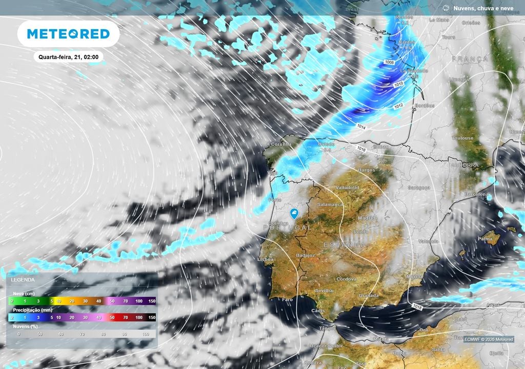 Uma frente fria atlântica deverá alcançar Portugal na quarta-feira (21), mas já com pouca atividade. A chuva deverá concentrar-se sobretudo no Norte e em alguns pontos do litoral Centro.