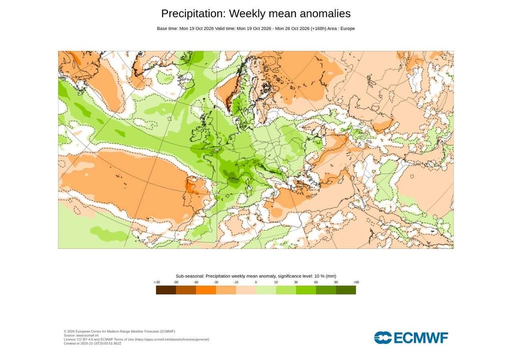 Anomalia semanal da precipitação Apesar das várias oportunidades para chover, o ECMWF prevê uma anomalia semanal negativa de precipitação em Portugal. Ou seja, no conjunto da semana, deverá chover menos do que o habitual para esta altura do ano.