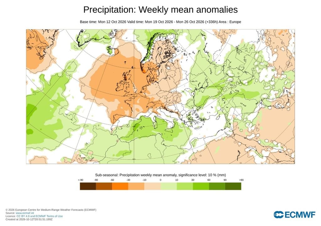 Anomalías de precipitación previstas por el modelo europeo para la semana del 19 al 26 de octubre.