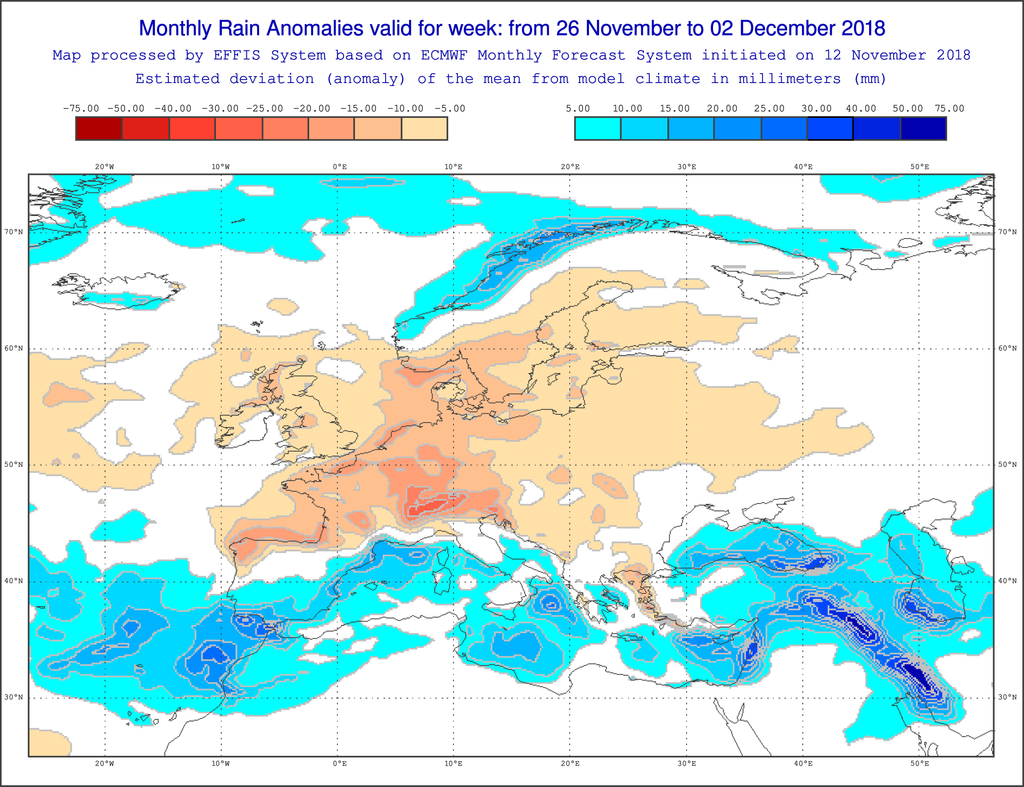 Foto 2: Mapas de anomalías de precipitación respecto a los valores normales para el periodo 26 nov. – 2 dic. de 2018 basados en datos del ECMWF. Foto 2: Mapas de anomalías de precipitación respecto a los valores normales para el periodo 26 nov. – 2 dic. de 2018 basados en datos del ECMWF.