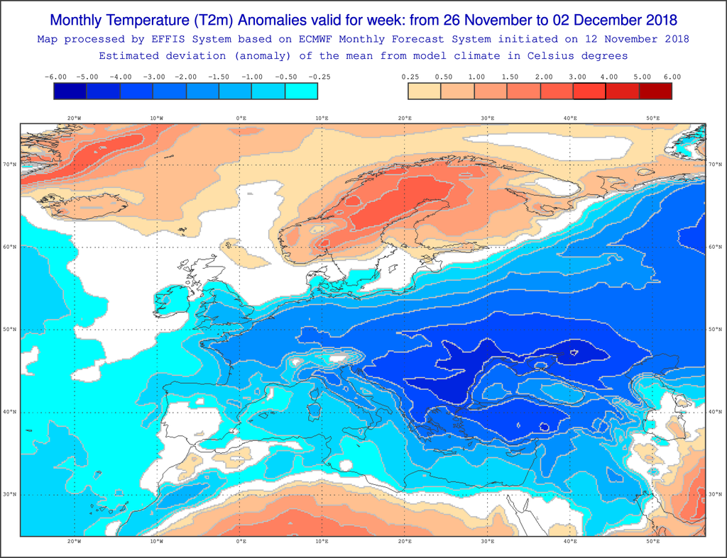 Foto 3: Mapas de anomalías de temperatura a 2m respecto a los valores normales para el periodo 26 nov. – 2 dic. de 2018 basados en datos del ECMWF. Foto 3: Mapas de anomalías de temperatura a 2m respecto a los valores normales para el periodo 26 nov. – 2 dic. de 2018 basados en datos del ECMWF.