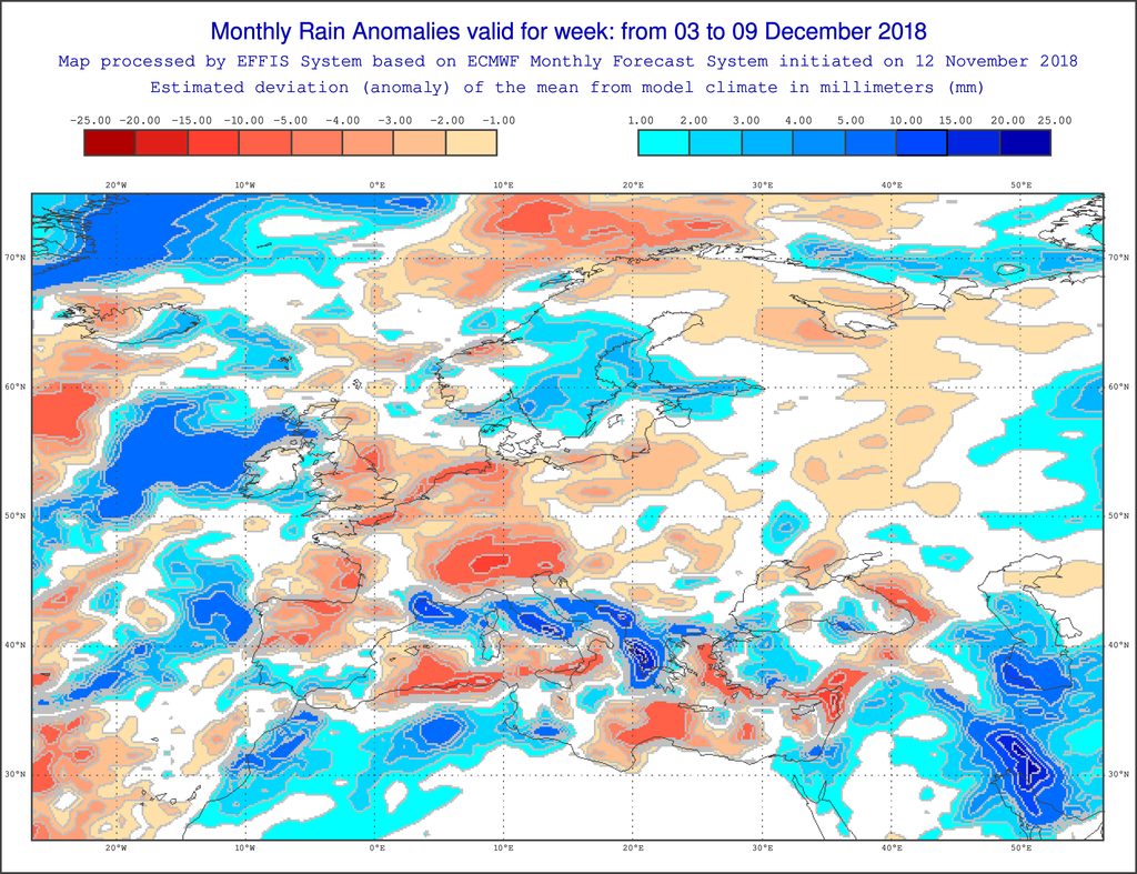 Foto 4: Mapas de anomalías de precipitación respecto a los valores normales para el periodo 3-9 diciembre de 2018 basados en datos del ECMWF. Foto 4: Mapas de anomalías de precipitación respecto a los valores normales para el periodo 3-9 diciembre de 2018 basados en datos del ECMWF.