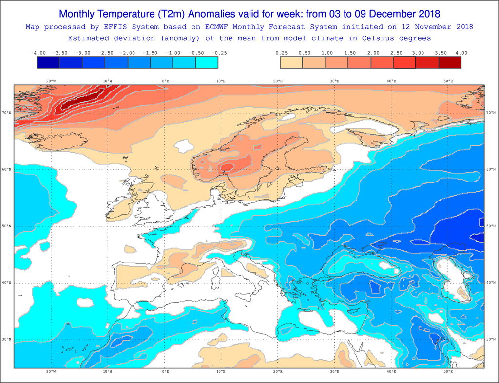 Foto 5: Mapas de anomalías de temperatura a 2 m respecto a los valores normales para el periodo 3-9 diciembre de 2018 basados en datos del ECMWF. Foto 5: Mapas de anomalías de temperatura a 2 m respecto a los valores normales para el periodo 3-9 diciembre de 2018 basados en datos del ECMWF.