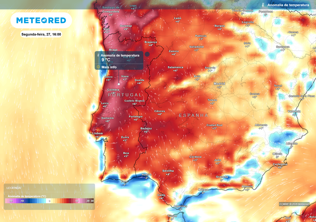 anomalia térmica A partir da próxima semana, especialmente nos primeiros dias, as anomalias térmicas positivas voltam a cobrir o país, com exceção de alguns pontos. Estas poderão ser de até 9 ºC acima da normal climatológica de referência.