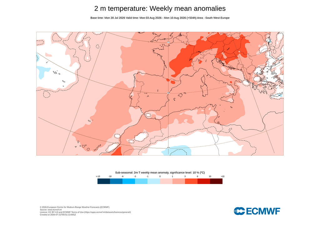 Anomalías de temperatura a 2 metros del suelo previstas por el modelo europeo para la primera semana completa de agosto.