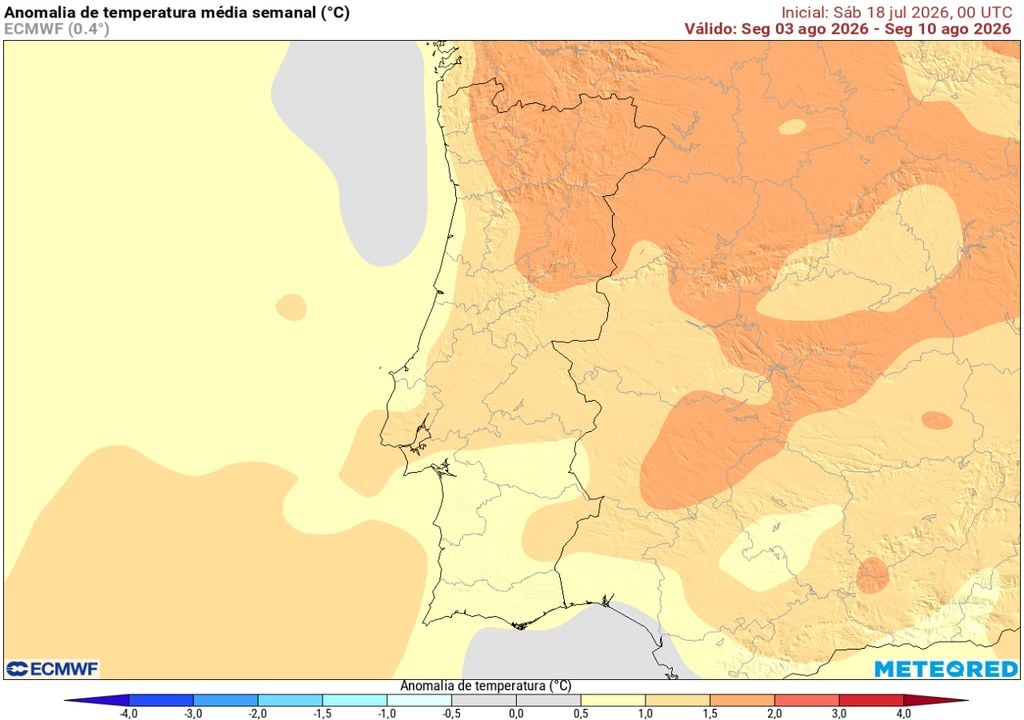 Entre 3 e 10 de agosto, o modelo europeu prevê temperaturas acima da média em praticamente todo o território continental. As anomalias mais significativas concentram-se no interior Norte e Centro e em parte do Alentejo, onde o calor poderá ser mais intenso caso esta tendência se confirme.