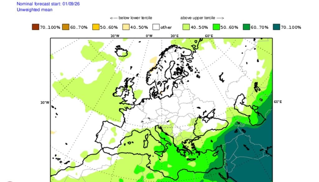 I dati di Copernicus segnalano la possibilità di precipitazioni maggiori a quelle normalmente attese per ottobre sul bacino del Mediterraneo. Credits: Copernicus