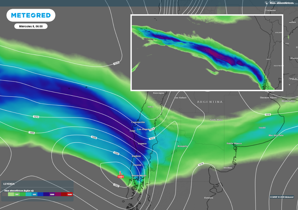 Un intenso río atmosférico descargará su vapor de agua sobre el sur de Chile. Dejará lluvias con isoterma cero alta muy abundantes, gracias al vapor transportado por más de 7.500 km, desde la Polinesia Francesa hasta América del Sur.