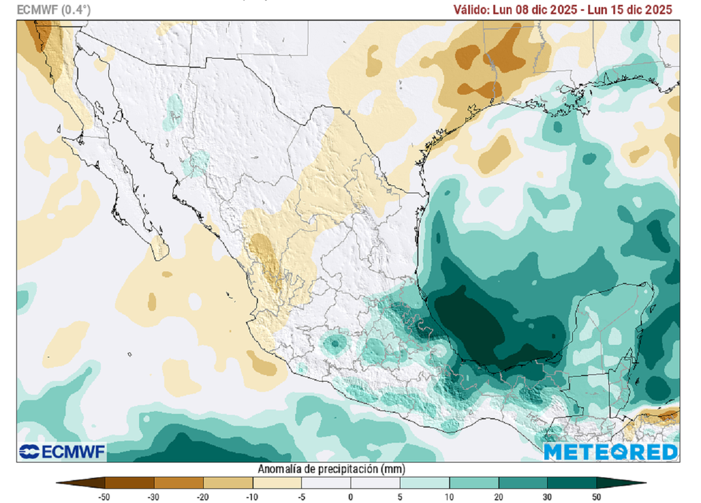 Anomalía semanal de precipitaciones. ECMWF
