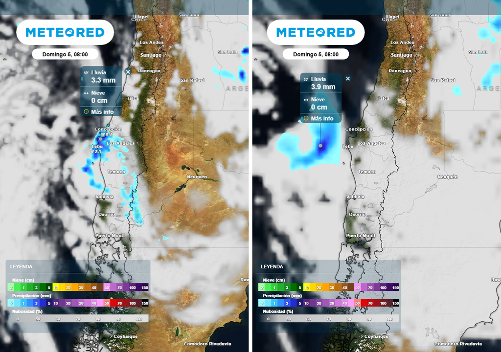 Precipitación (mm) para la mañana del Domingo de Pascua en Chile centro-sur. Modelo del ECMWF (imagen izquierda) y GFS (imagen derecha).