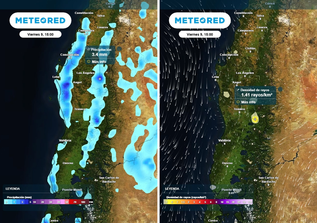 Pronóstico para el fin de semana en Chile centro-sur Precipitación (mm) -imagen izquierda- y densidad de rayos (#/km2) -imagen derecha- para la tarde del viernes (09) en Chile centro-sur.
