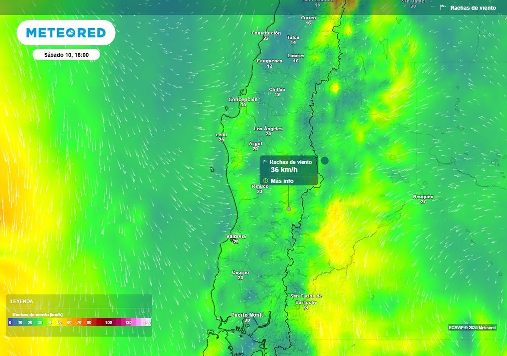 Pronóstico para el fin de semana en Chile centro-sur Rachas de viento (km/h) para la tarde del sábado (10) en Chile centro-sur.