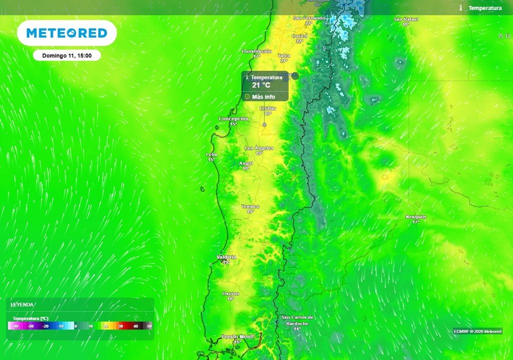 Pronóstico para el fin de semana en Chile centro-sur Temperatura máxima (°C) para el domingo (11) en Chile centro-sur.
