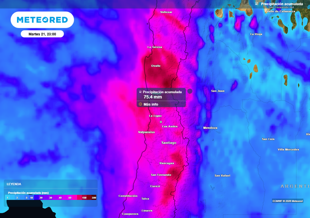 mapa de precipitación acumulada Entre el lunes y martes se acumularían montos importantes entre la región de Coquimbo y Valparaíso.